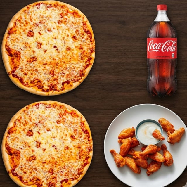 2 Large (16") Cheese Pies, 20 Wings & 2 Liter Soda.