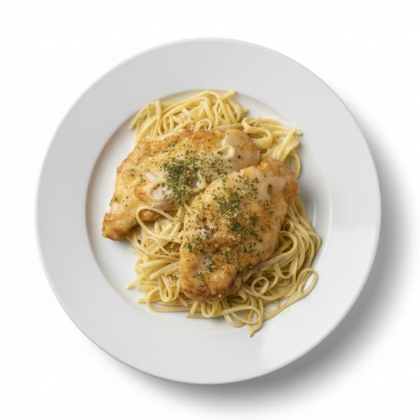 Two golden-brown chicken cutlets topped with herbs and parmesan, served over a bed of linguine.