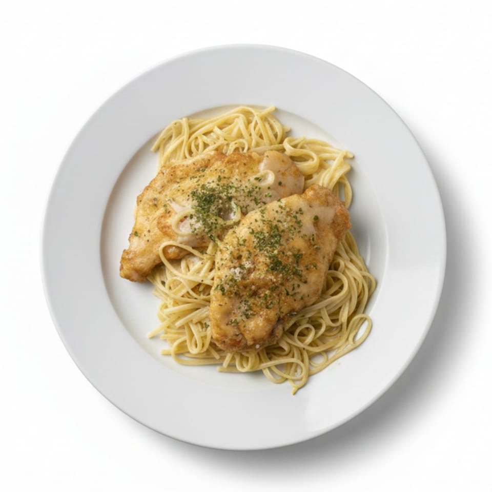 Two golden-brown chicken cutlets topped with herbs and parmesan, served over a bed of linguine.