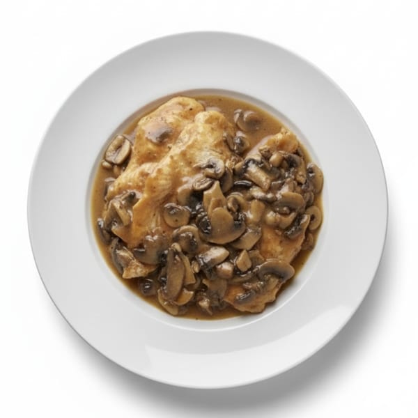 Chicken and mushrooms in a rich brown sauce, served on a white plate.