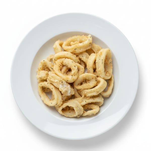 A white plate filled with golden-brown fried calamari rings, seasoned with herbs.