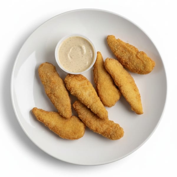 Golden-brown chicken tenders with a side of dipping sauce on a white plate.