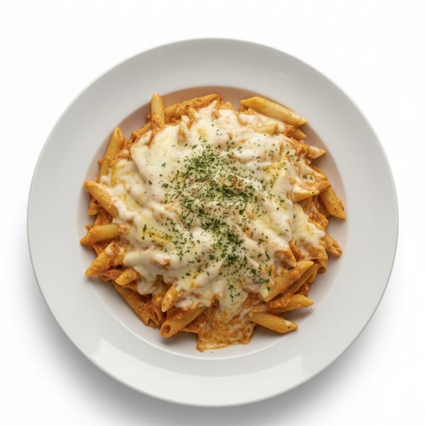 Penne pasta with melted cheese and herbs in a white bowl, from Cafe Amici Pasta & Pizza.