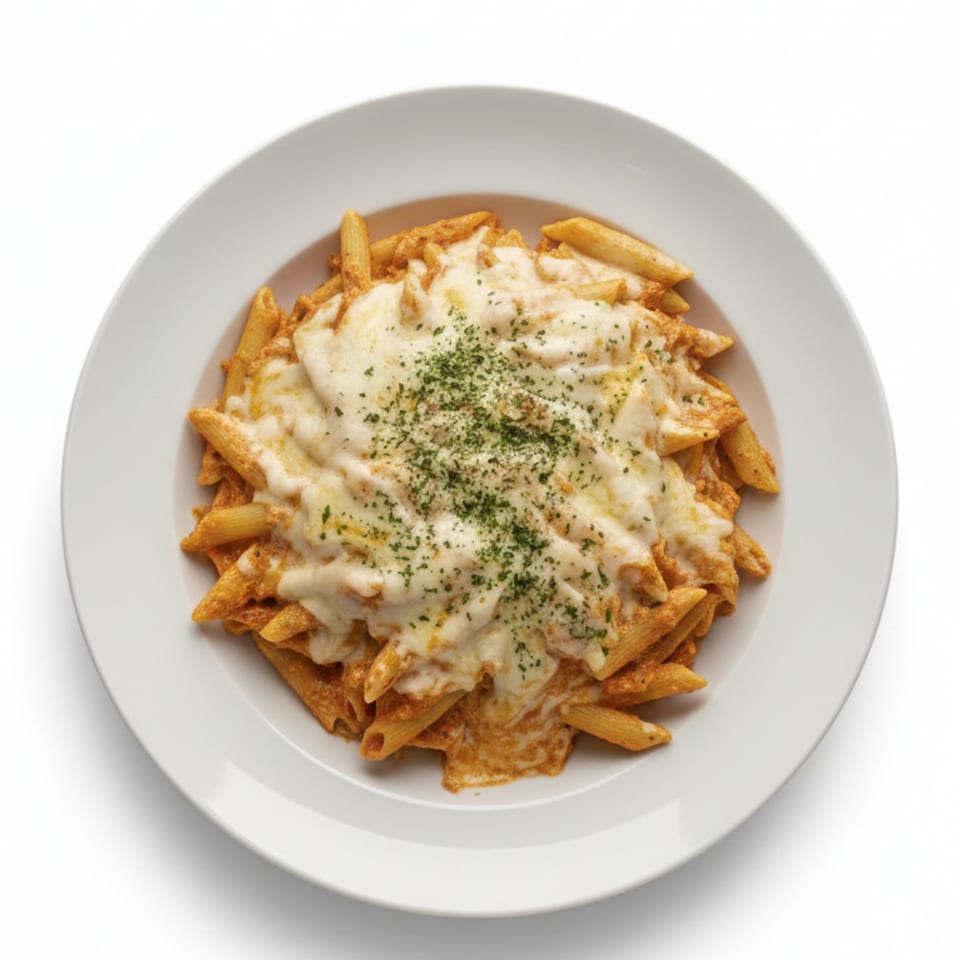 Penne pasta with melted cheese and herbs in a white bowl, from Cafe Amici Pasta & Pizza.