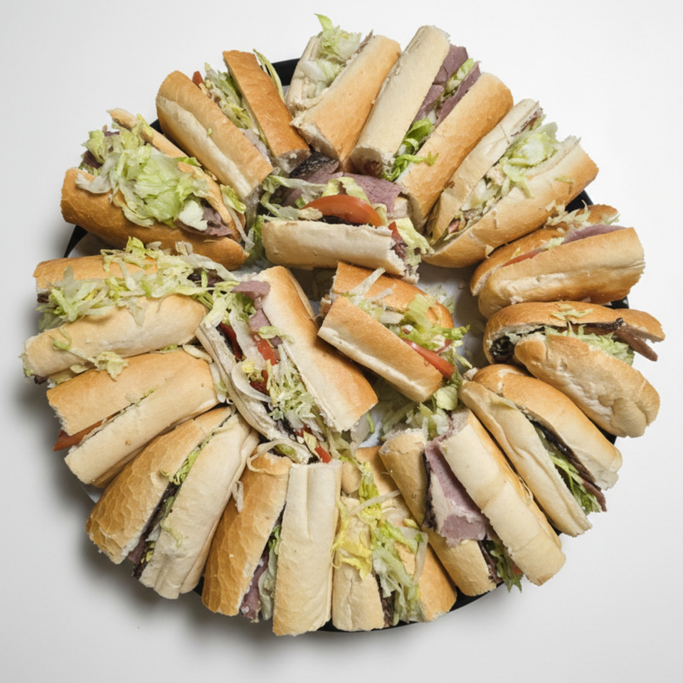 A platter of various submarine sandwiches, cut in half, arranged in a circular pattern.