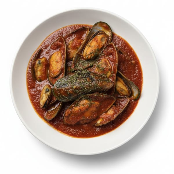 Mussels in a rich red tomato sauce, garnished with herbs, served in a white bowl.
