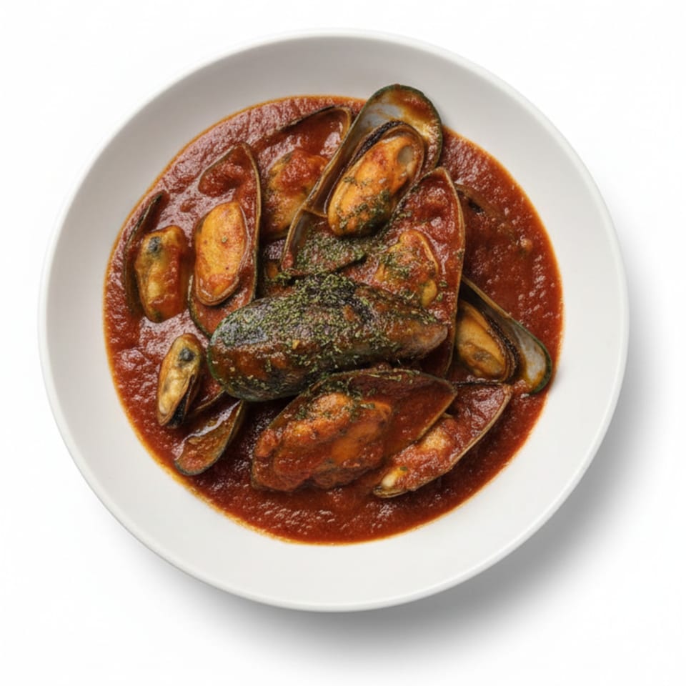 Mussels in a rich red tomato sauce, garnished with herbs, served in a white bowl.