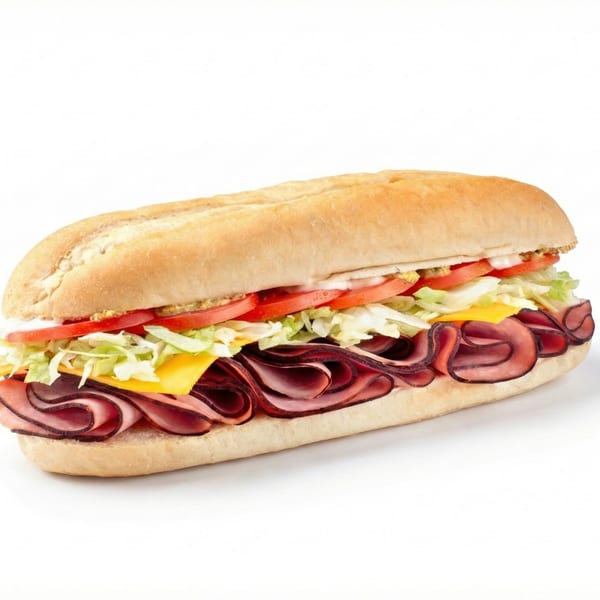 A long submarine sandwich filled with ham, cheese, shredded lettuce, sliced tomatoes, and sauces.