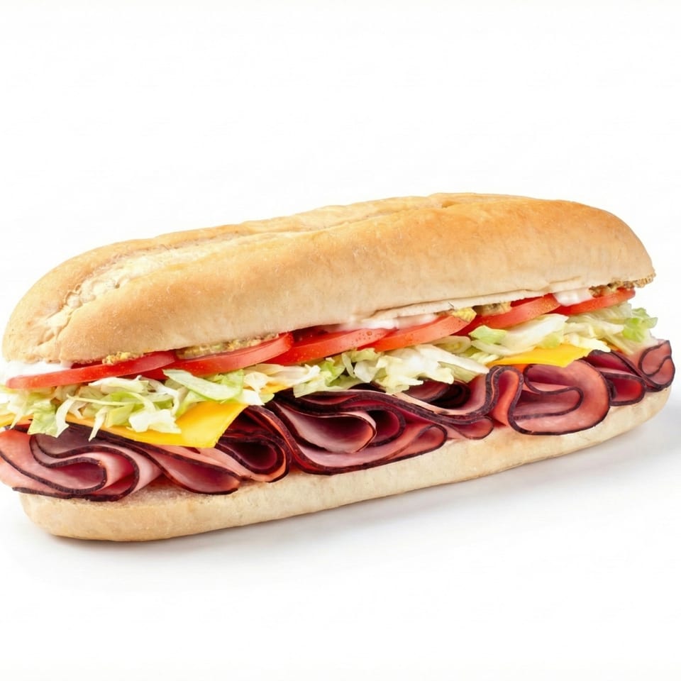 A long submarine sandwich filled with ham, cheese, shredded lettuce, sliced tomatoes, and sauces.