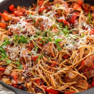 Family Sausage & Pepper Over Spaghetti