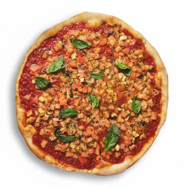 Cafe Amici's bruschetta pizza, topped with diced tomatoes, herbs, and fresh basil leaves.