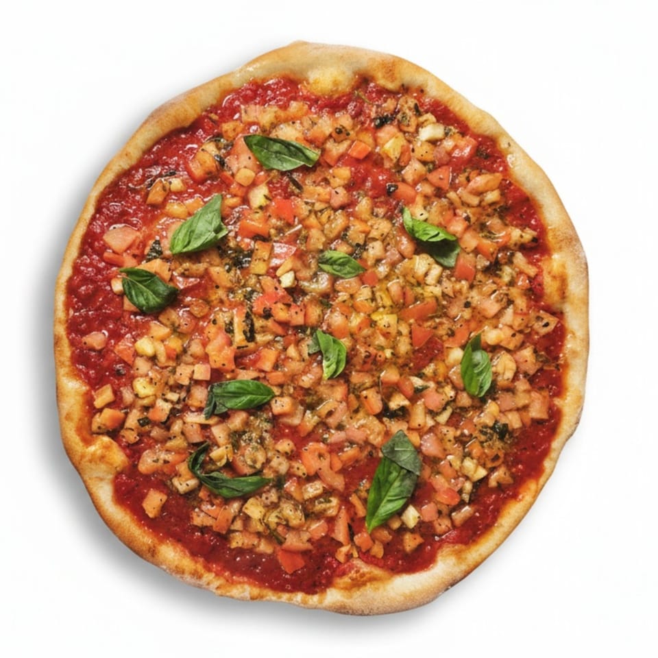 Cafe Amici's bruschetta pizza, topped with diced tomatoes, herbs, and fresh basil leaves.