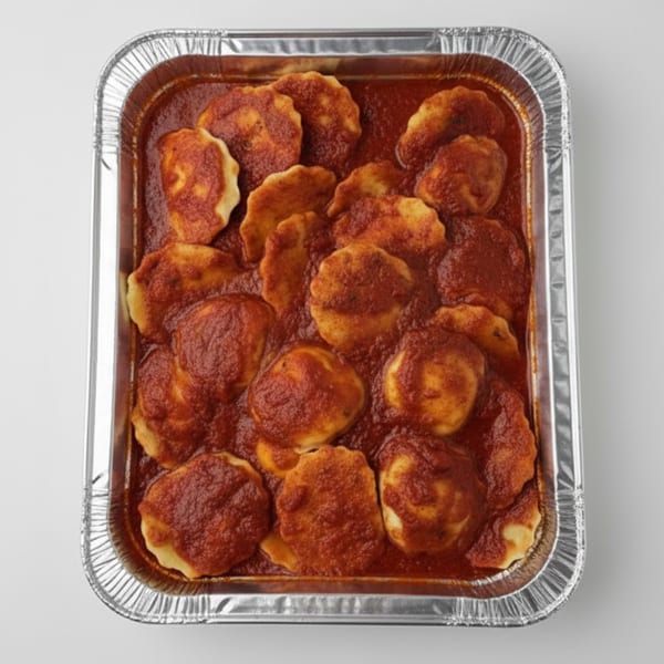 Baked ravioli in a rich red sauce, served in a silver foil pan from Cafe Amici.