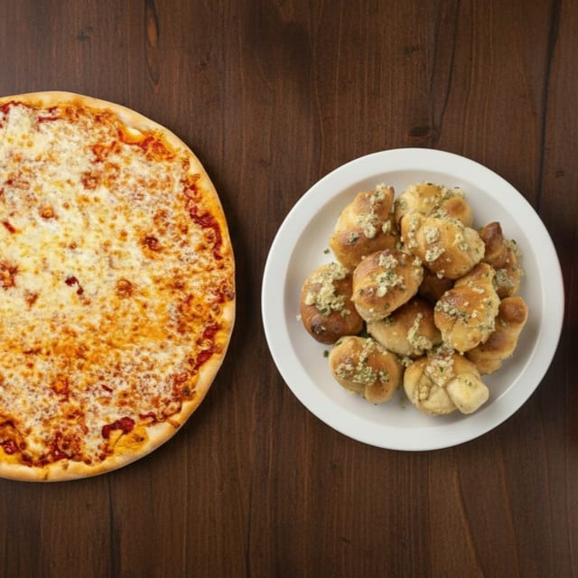 1 Large (16") Cheese Pie & 12 Garlic Knots.