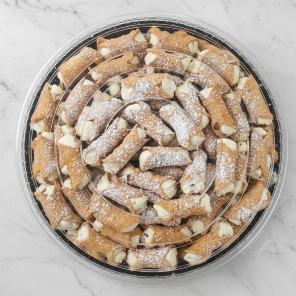 A catering tray of Cafe Amici cannolis, dusted with powdered sugar, on a marble surface.