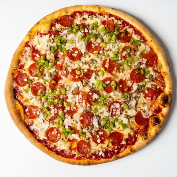 A whole Cafe Amici pizza with pepperoni, green peppers, onions, and mushrooms on a white background.
