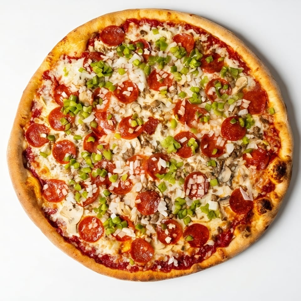 A whole Cafe Amici pizza with pepperoni, green peppers, onions, and mushrooms on a white background.