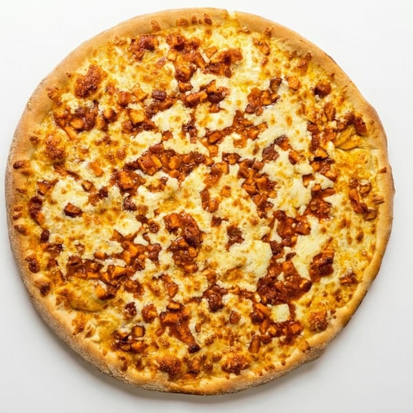 Cafe Amici's BBQ chicken pizza, topped with melted cheese and savory chicken pieces.