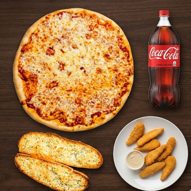 1 Large (16") Cheese Pie, Any Appetizer, Garlic Bread & 2 Liter Soda.
