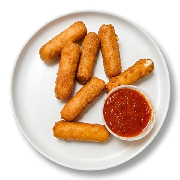 A white plate holds eight golden-brown mozzarella sticks and a small cup of marinara sauce.